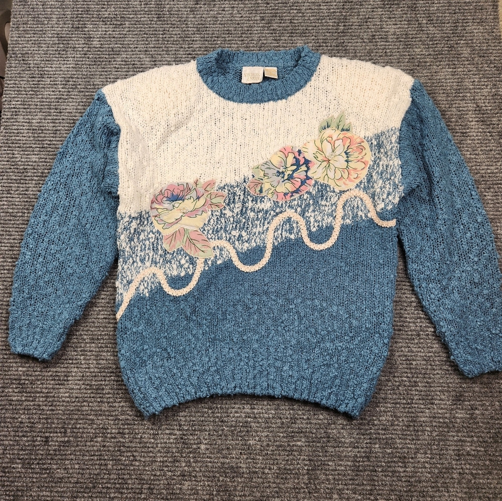 Vintage Needles & Yarn Blue Floral Embroidered Knit Sweater M 80s Grandmacore